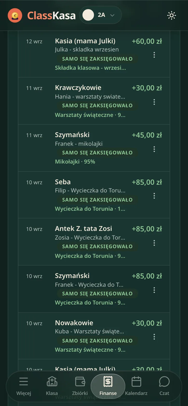Przelewy z banku w ClassKasie: wiersz po wierszu nazwisko rodziny, etykieta samo się zaksięgowało i kwota wpłaty