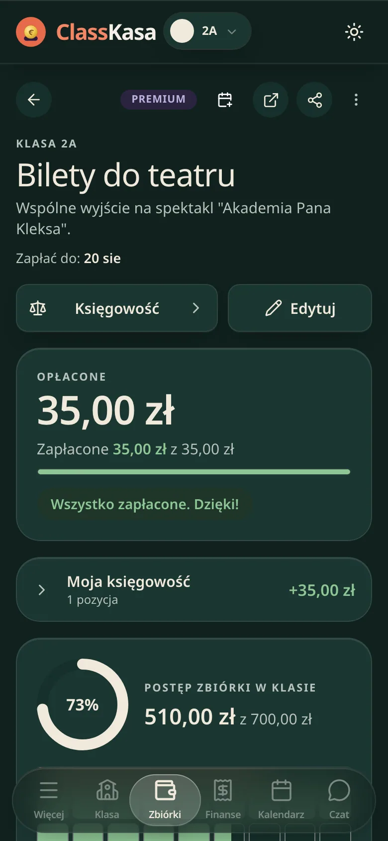 Zbiórka klasowa na wycieczkę w ClassKasie: termin, ile rodzina zapłaciła, postęp klasy