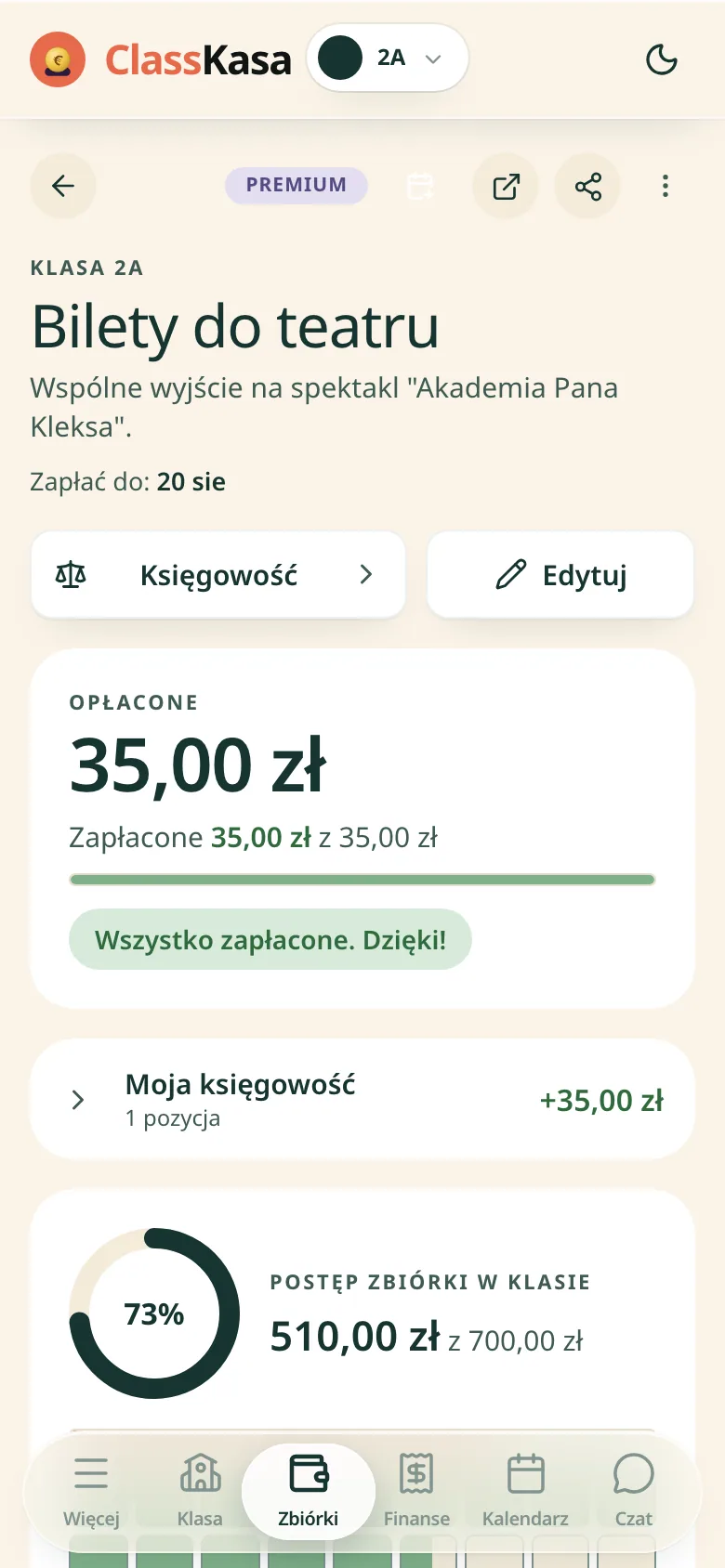 Zbiórka klasowa na wycieczkę w ClassKasie: termin, ile rodzina zapłaciła, postęp klasy