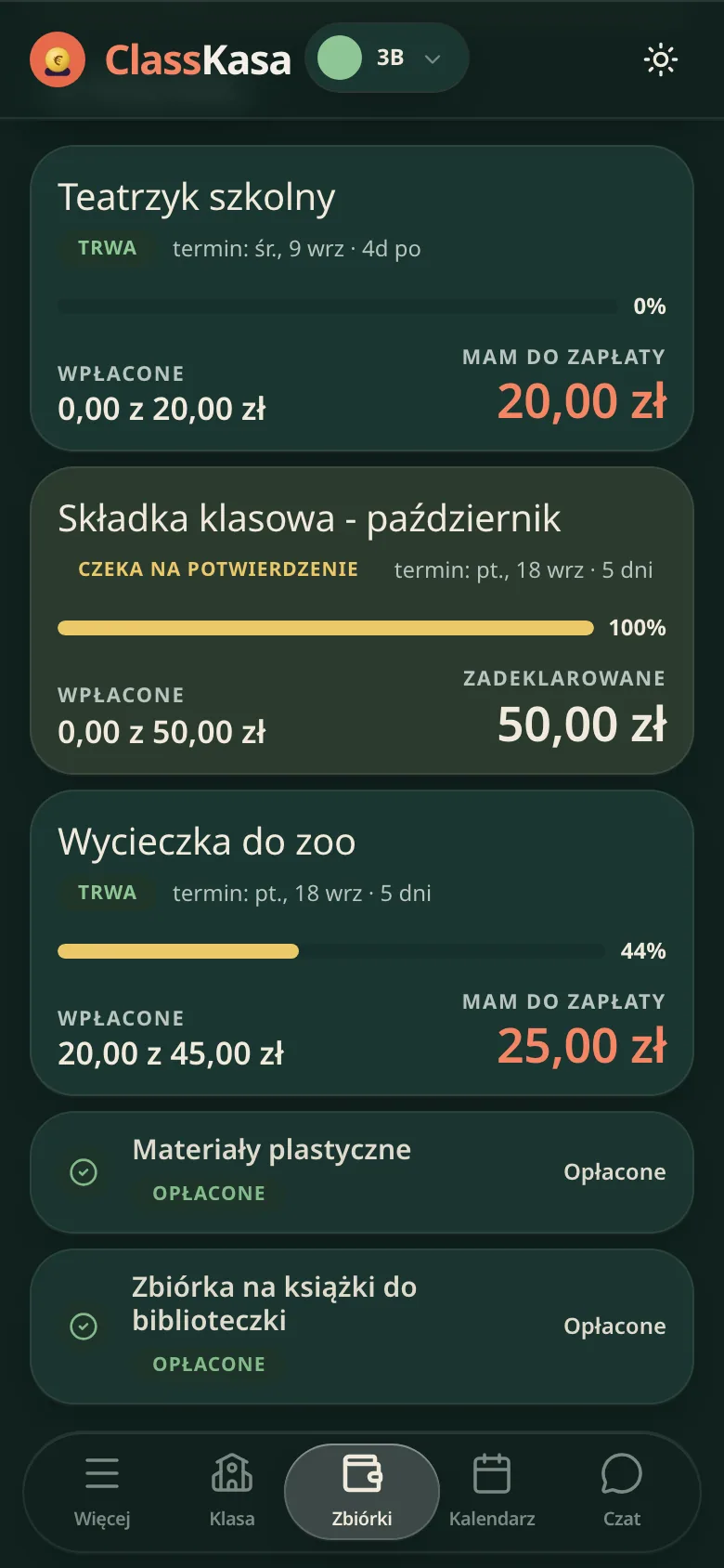 Składki klasowe rodzica w ClassKasie: co do zapłaty, co czeka na potwierdzenie, co opłacone