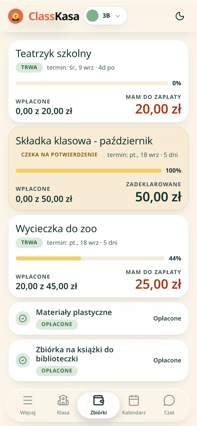 Składki klasowe rodzica w ClassKasie: co do zapłaty, co czeka na potwierdzenie, co opłacone
