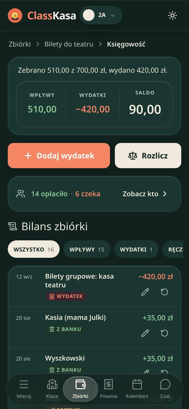 Rozliczenie zbiórki klasowej w ClassKasie: zebrane, wydane, saldo i bilans pozycja po pozycji