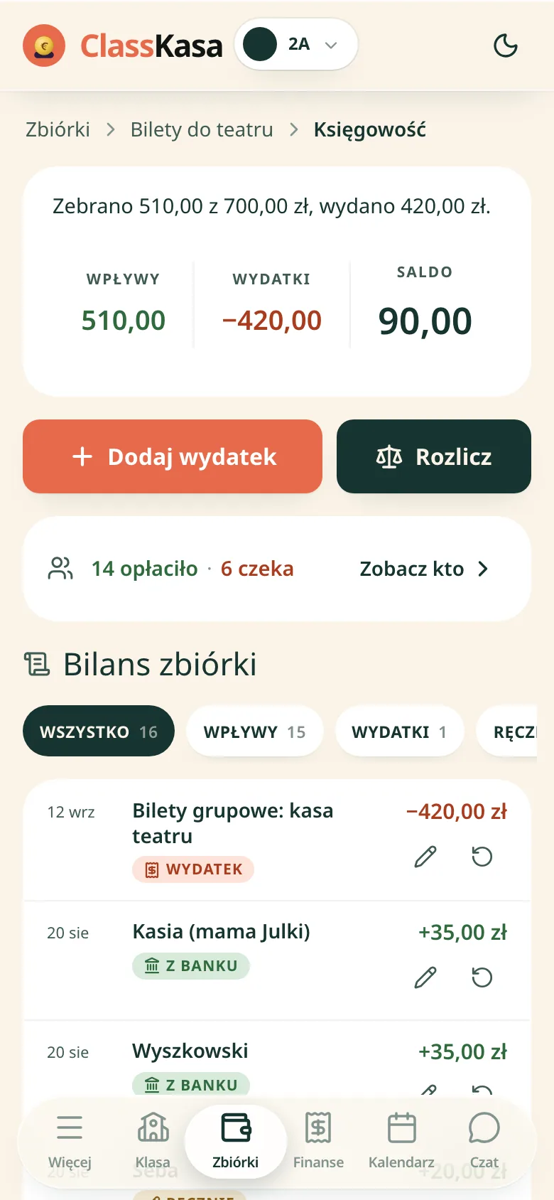 Rozliczenie zbiórki klasowej w ClassKasie: zebrane, wydane, saldo i bilans pozycja po pozycji